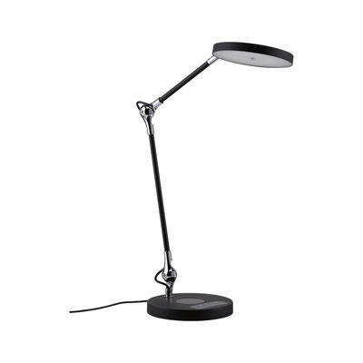 Moderne sort LED skrivebordslampe med rund lyskilde og justerbar arm i metal og plastik