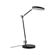 Modern black LED desk lamp with round head and adjustable arm made of metal and plastic