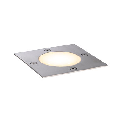 Quadratischer LED-Bodeneinbaustrahler aus gebürstetem Edelstahl mit warmweißem Licht