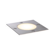 Quadratischer LED-Bodeneinbaustrahler aus gebürstetem Edelstahl mit warmweißem Licht