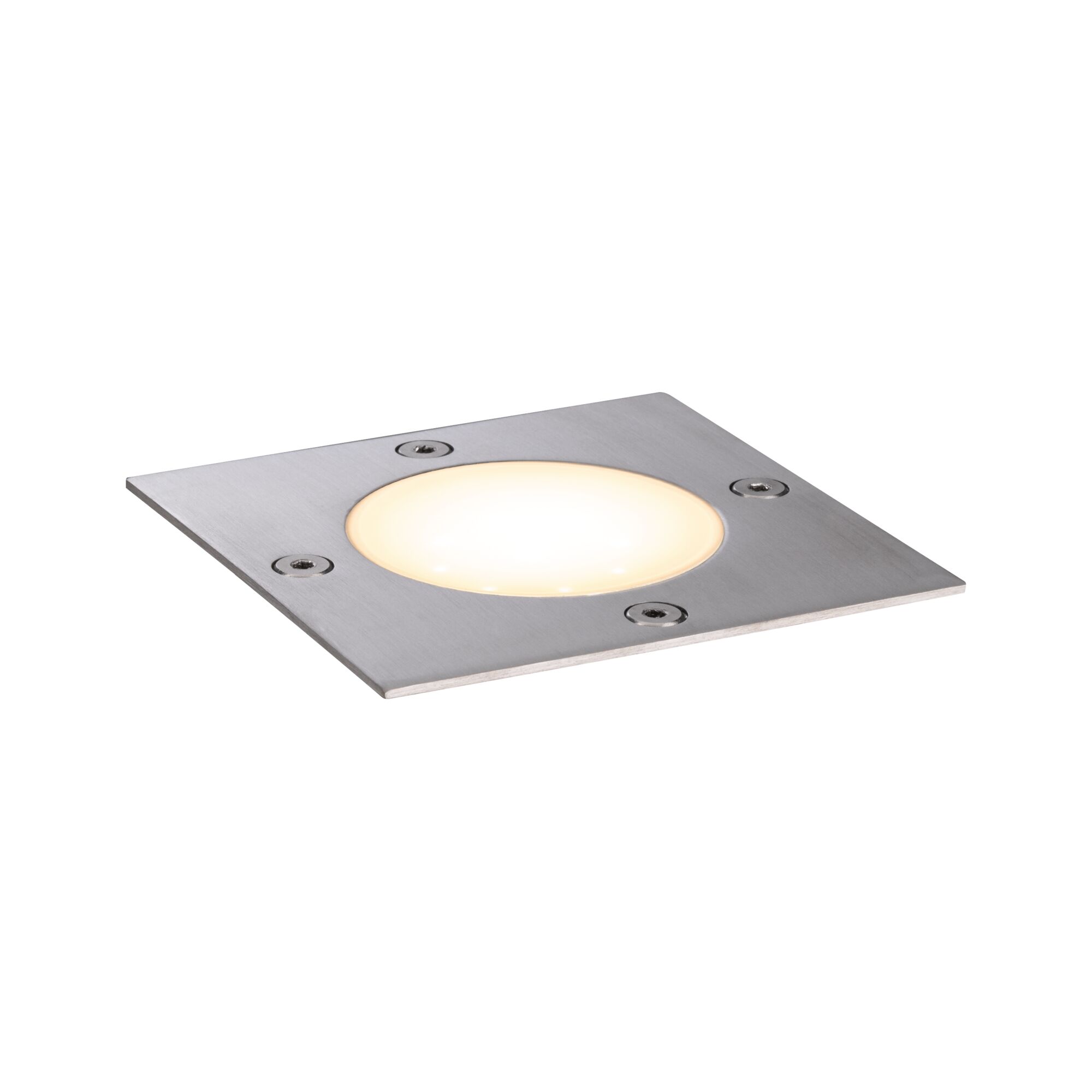 Quadratischer LED-Bodeneinbaustrahler aus gebürstetem Edelstahl mit warmweißem Licht