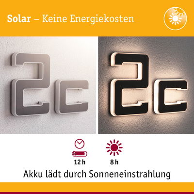 Solarbetriebene Hausnummer 2c in Grau mit LED-Beleuchtung und Akku, lädt 8 Stunden durch Sonnenlicht
