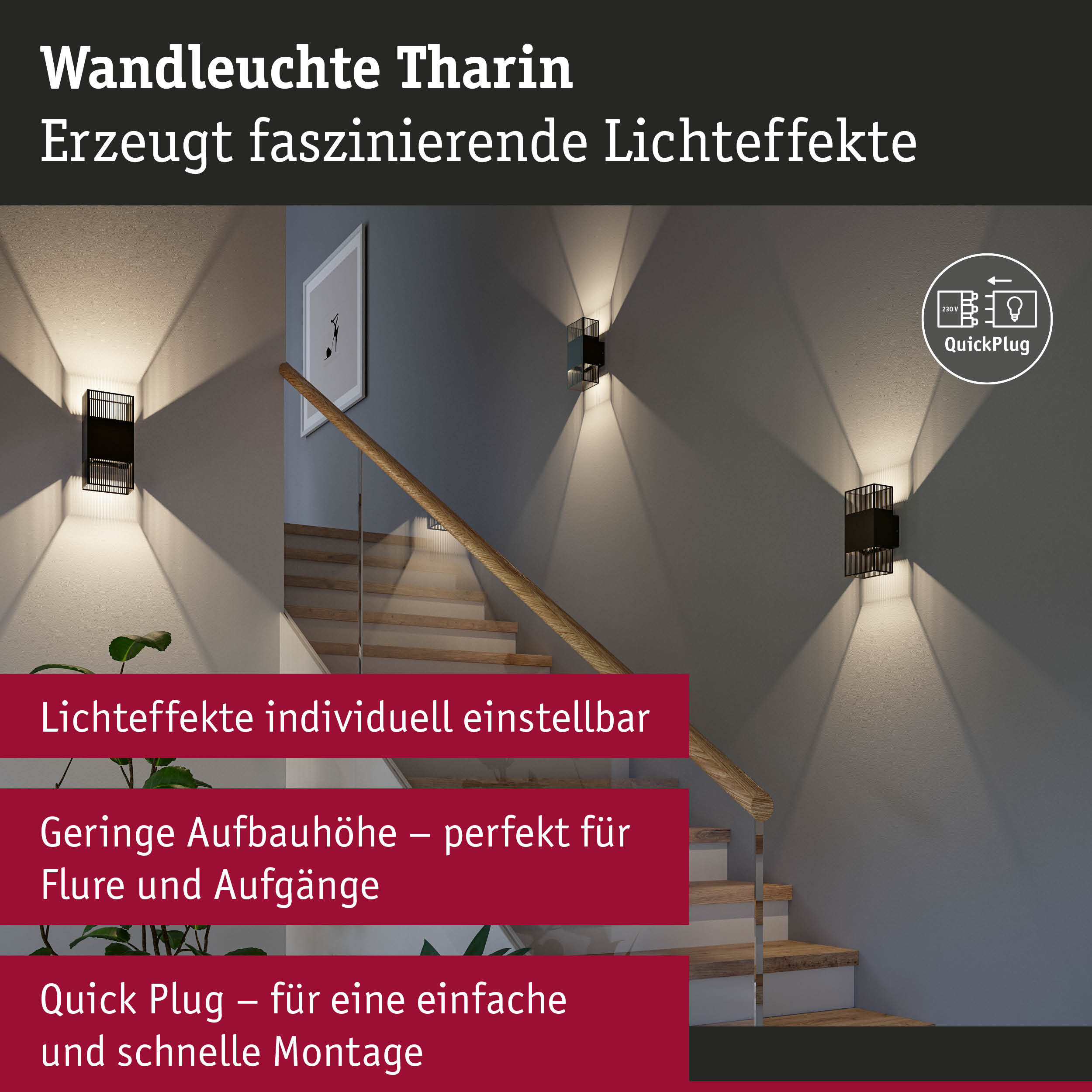 Schwarze Wandleuchte Tharin aus Metall mit faszinierenden Lichteffekten an Treppenhauswand