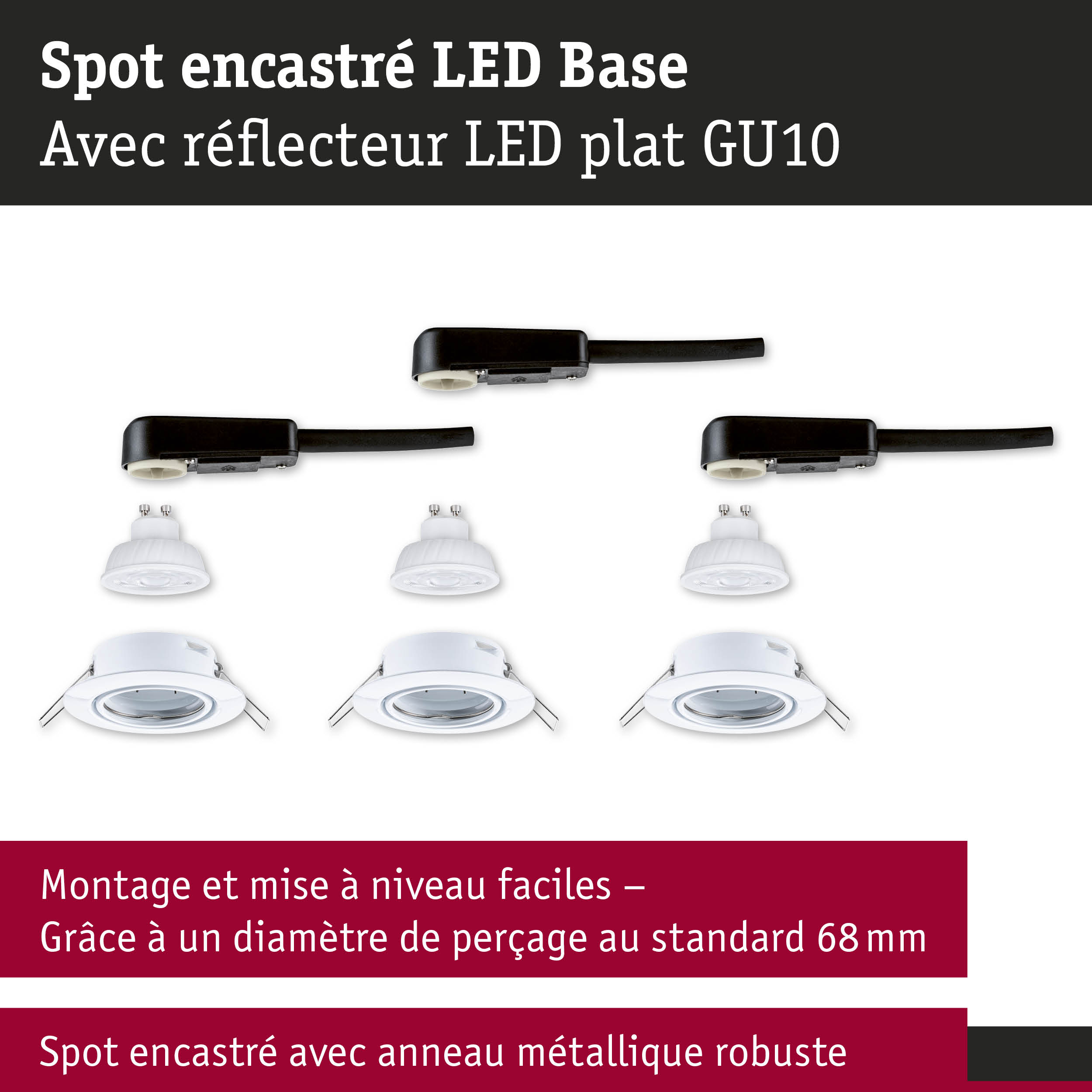 Spot encastré LED avec réflecteur plat GU10 blanc et câble noir pour éclairage intérieur
