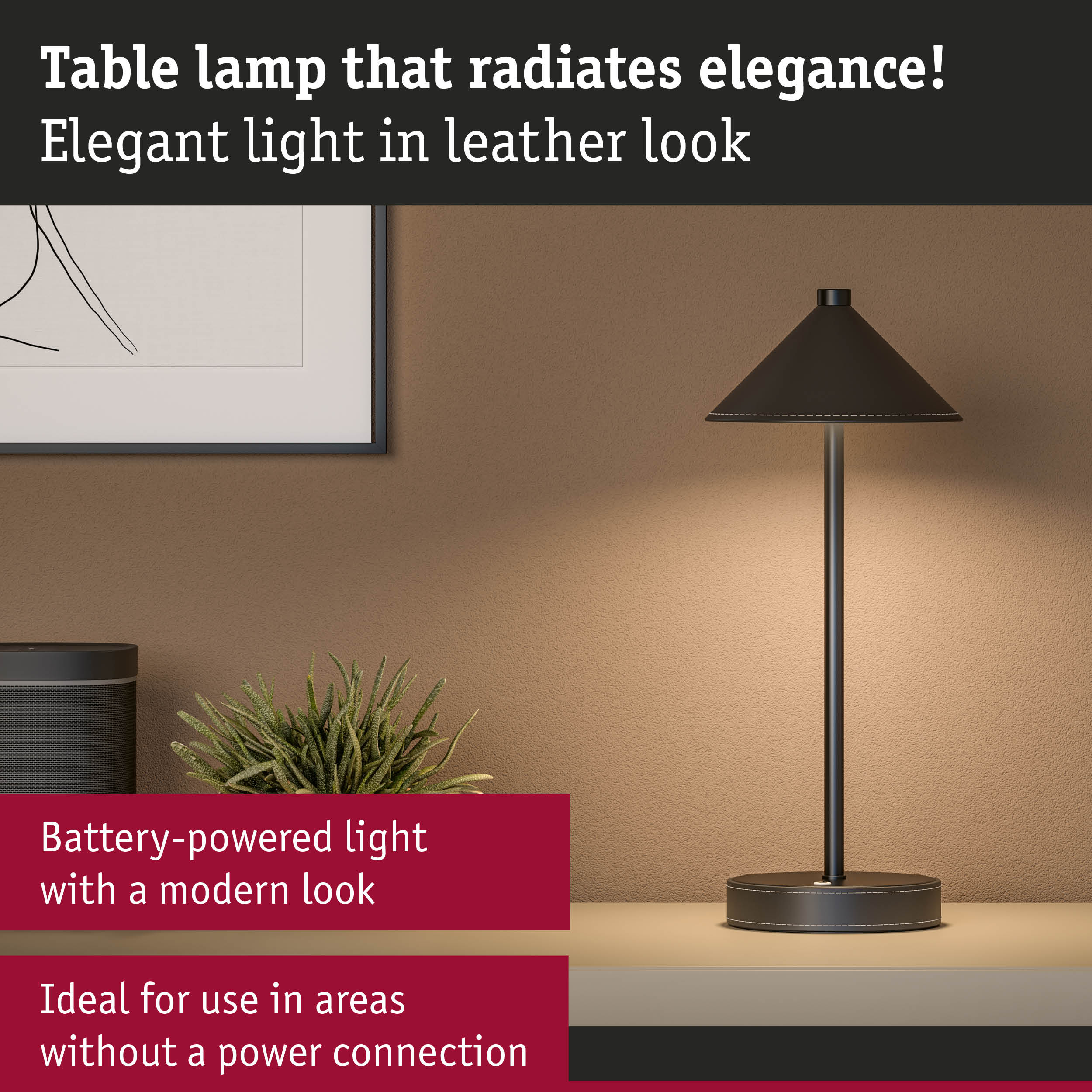 Elegant brown leather-look table lamp with battery and modern design for cordless lighting