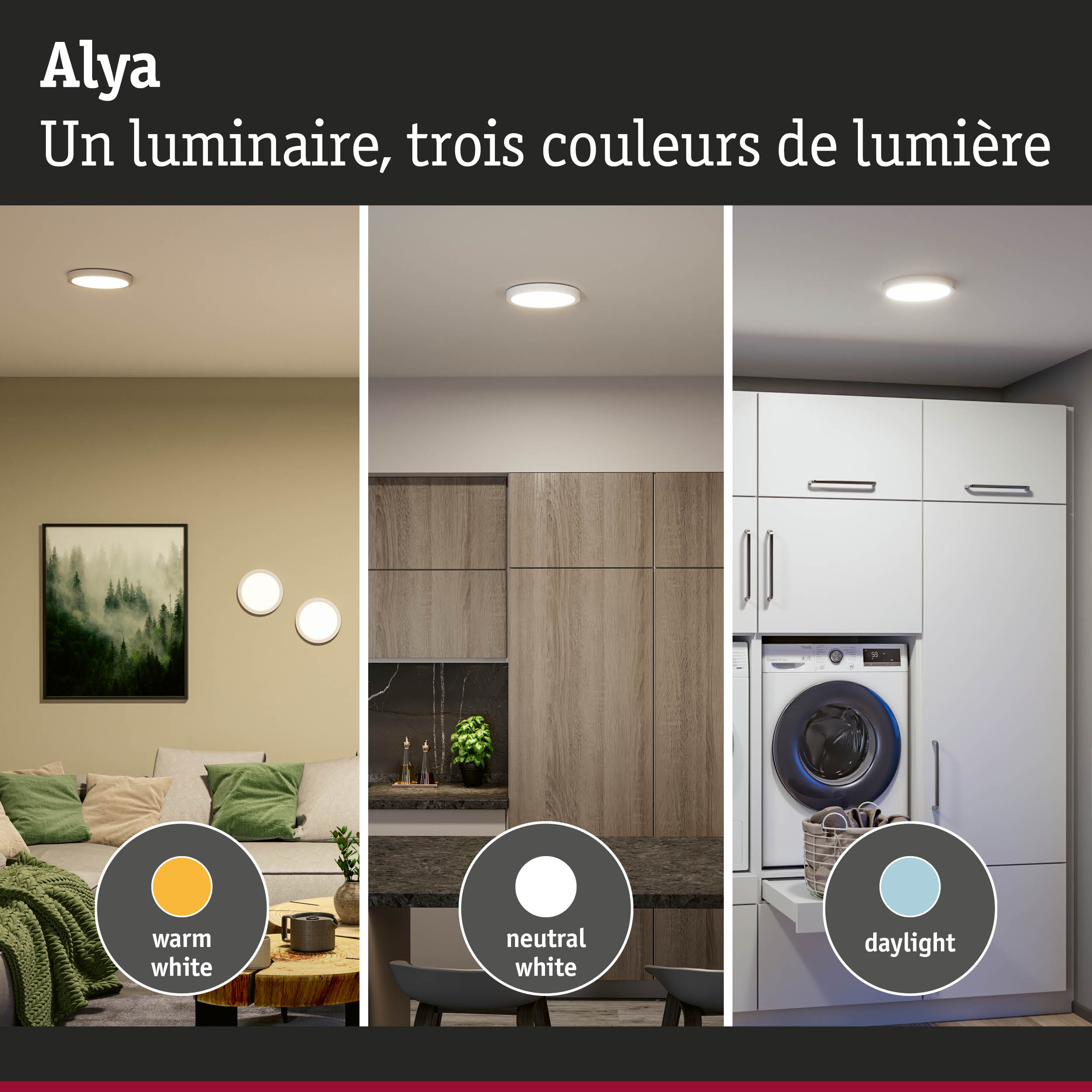 Plafonnier Alya avec trois couleurs de lumière blanc chaud, blanc neutre et lumière du jour pour pièces