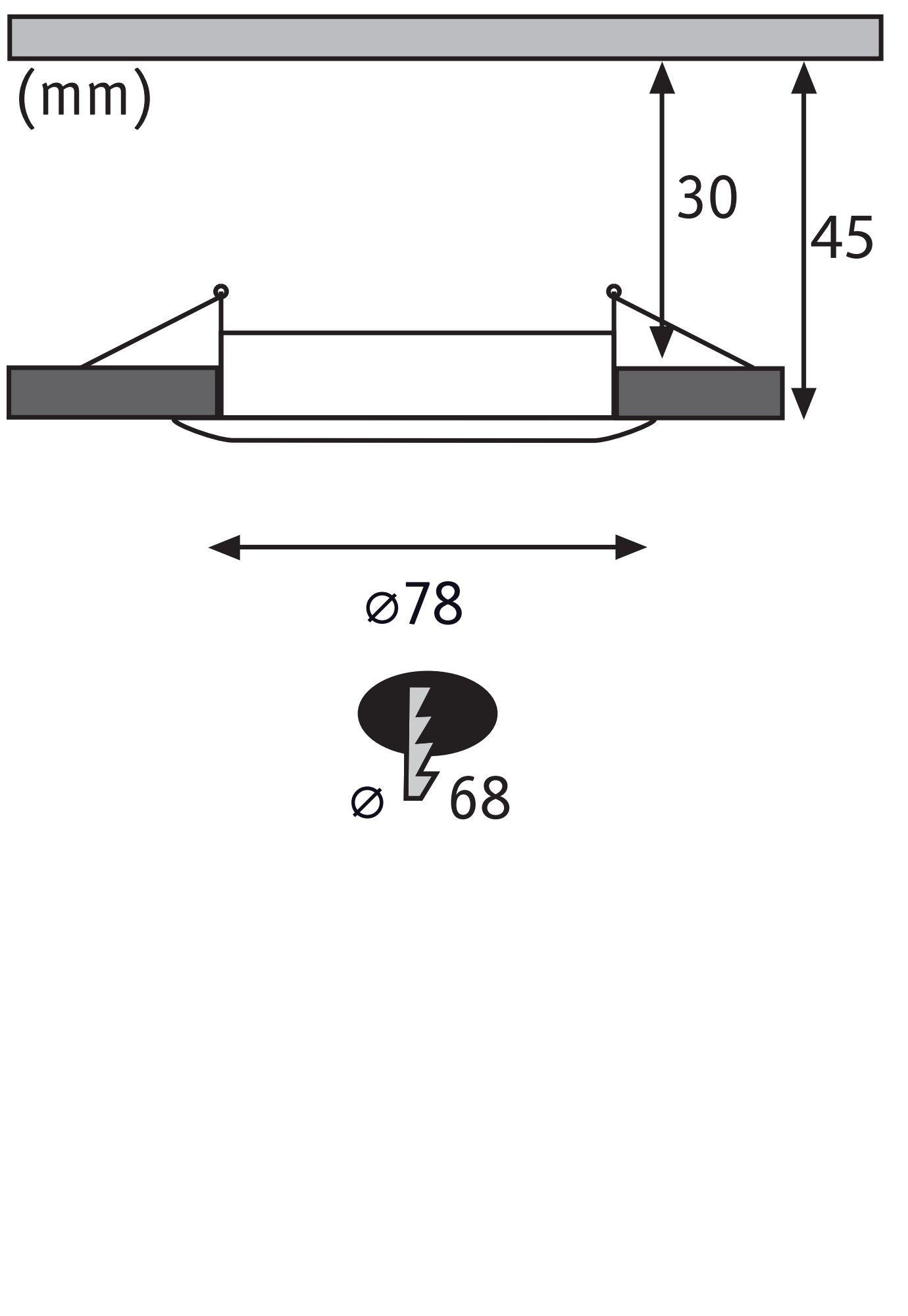 Teknisk tegning af indbygnings-LED-spot med 78 mm diameter og 45 mm indbygningsdybde