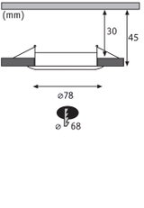 Teknisk tegning af indbygnings-LED-spot med 78 mm diameter og 45 mm indbygningsdybde