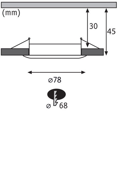 Teknisk tegning af indbygnings-LED-spot med 78 mm diameter og 45 mm indbygningsdybde