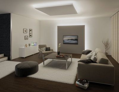 Modernes Wohnzimmer mit MaxLED Deckenbeleuchtung, beigem Sofa und dunklem Holzboden für gemütliche Atmosphäre
