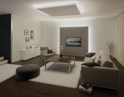 Modernes Wohnzimmer mit MaxLED Deckenbeleuchtung, beigem Sofa und dunklem Holzboden für gemütliche Atmosphäre