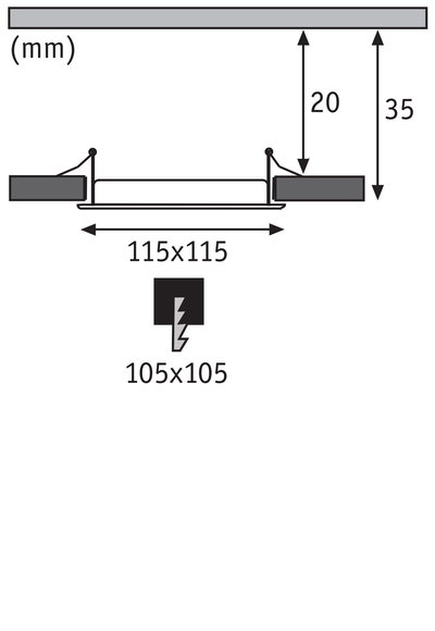 Technische tekening met afmetingen 115x115 mm en inbouwdiepte 35 mm voor LED-inbouwspot.