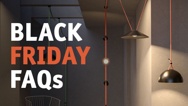 Zwarte en oranje Black Friday FAQs tekst met moderne zwarte hanglampen en oranje kabels in een kamer