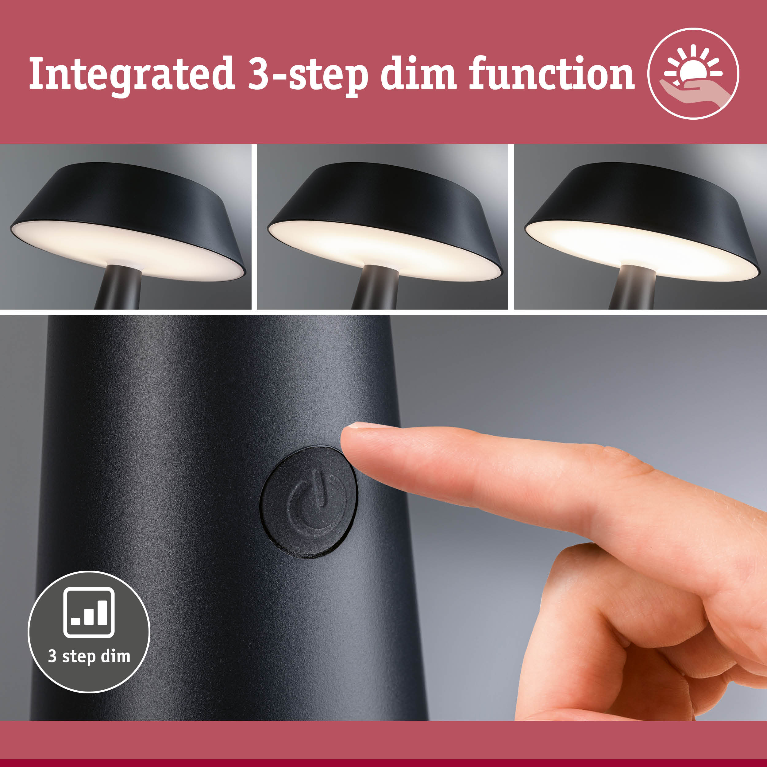 Black LED table lamp with integrated 3-step dim function and touch button for light control