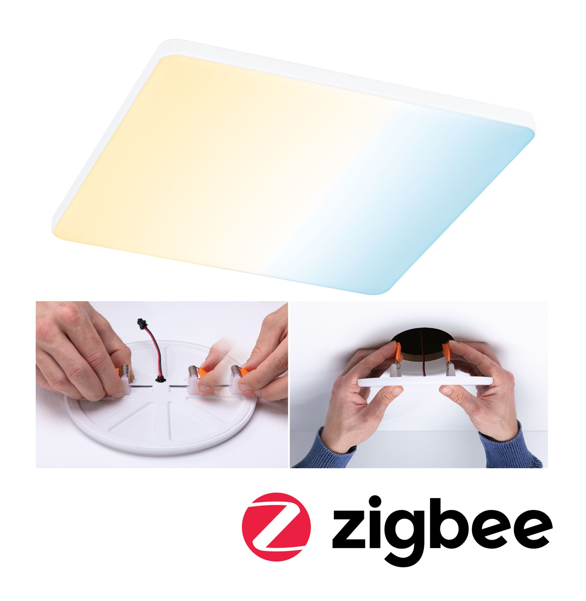 VariFit LED Einbaupanel Smart Home Zigbee 3.0 Veluna Edge IP44 eckig 200x200mm 18W 1400lm Tunable White Weiß dimmbar Rechteckige LED-Deckenleuchte mit warmweißem und kaltweißem Licht, Montageanleitung mit Federclips.