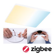 Rectangular LED ceiling light with warm and cool white light, installation steps with spring clips.
