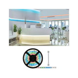 RGB LED strip light with white connector cable, perfect for modern room lighting and accent illumination.