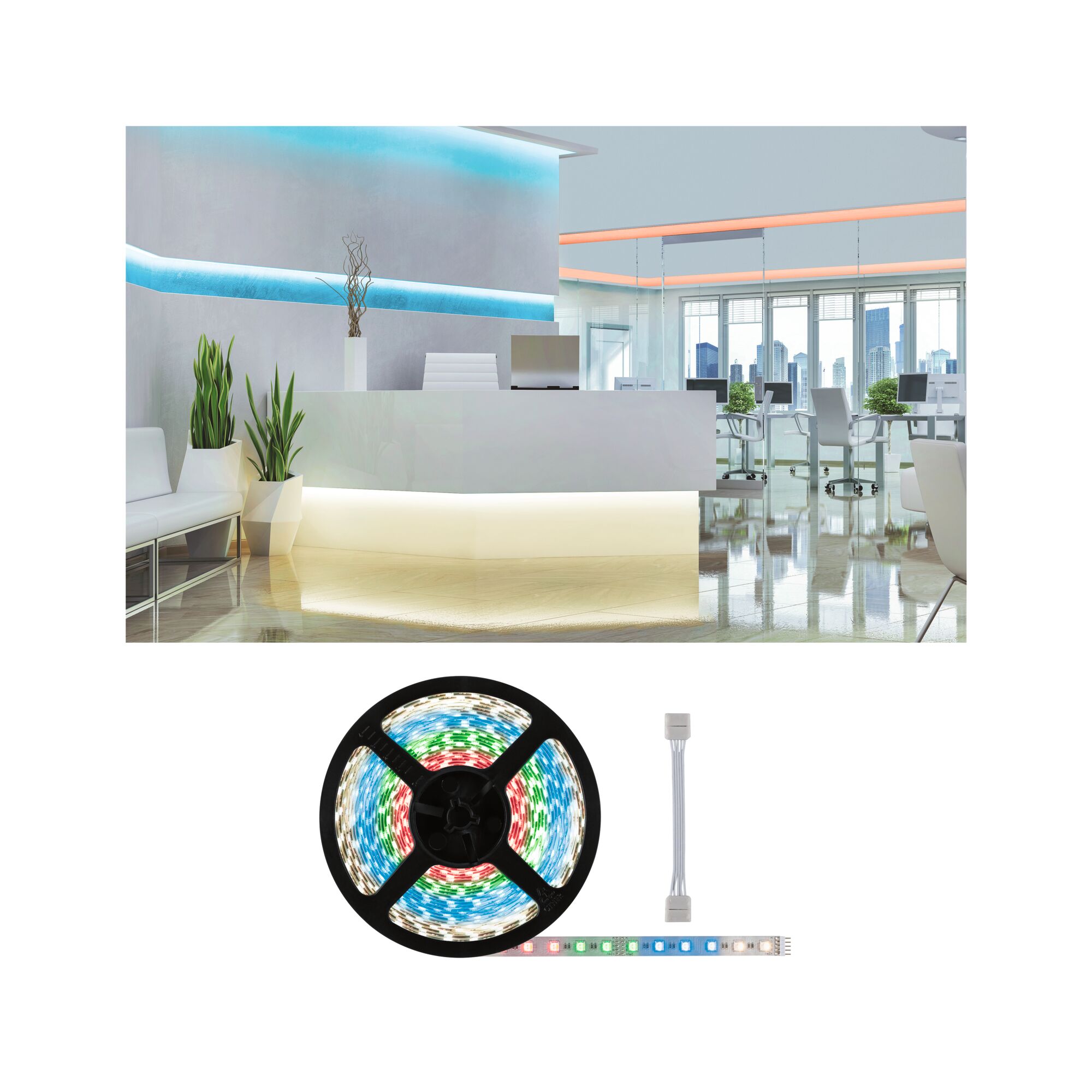 MaxLED 500 LED Strip Einzelstrip 10m RGBW 72W 500lm/m RGBW+ Moderne Bürobeleuchtung mit LED-Lichtstreifen in Blau und Orange an Decke und Wand für Akzentbeleuchtung