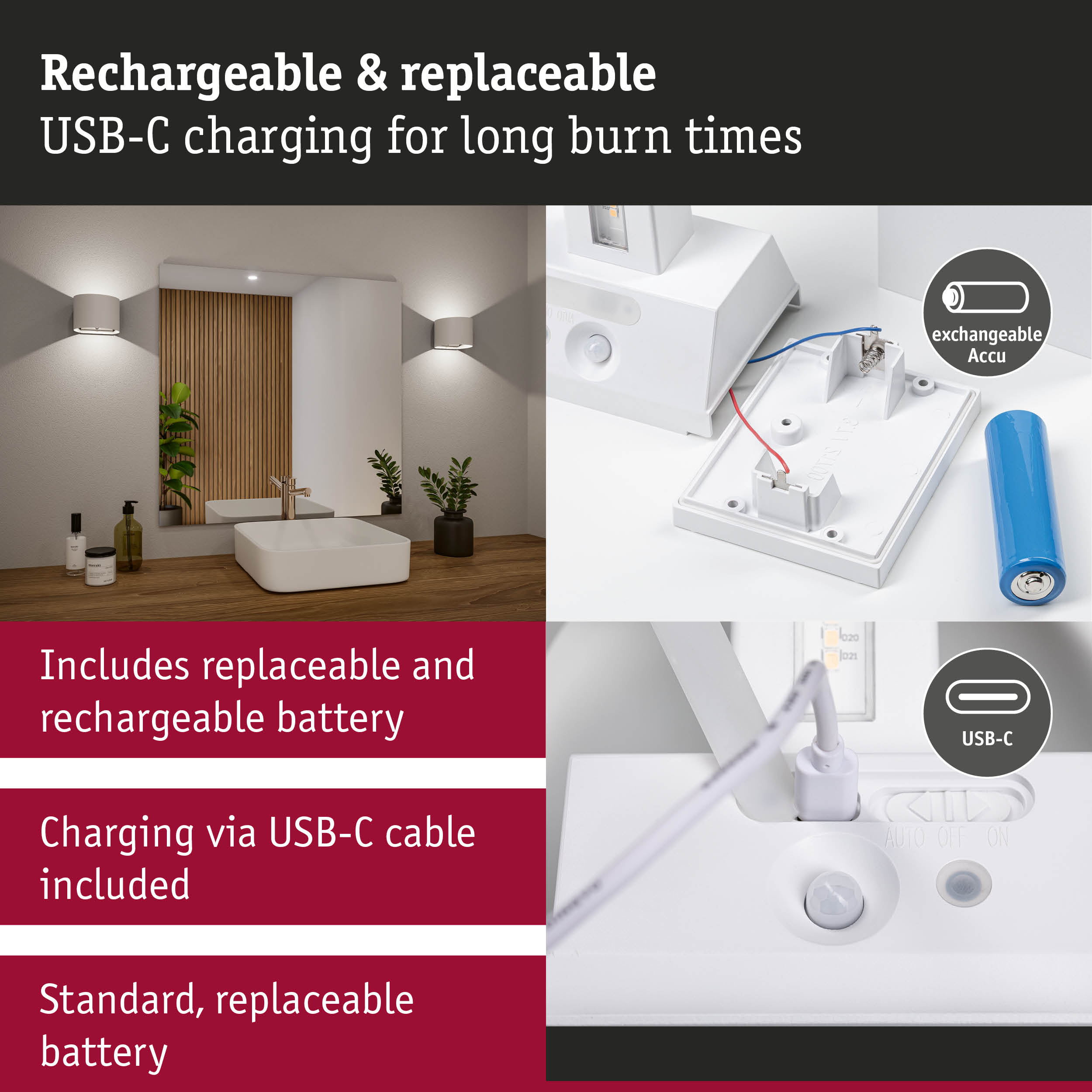 White LED wall light with USB-C charging and replaceable battery for extended lighting duration