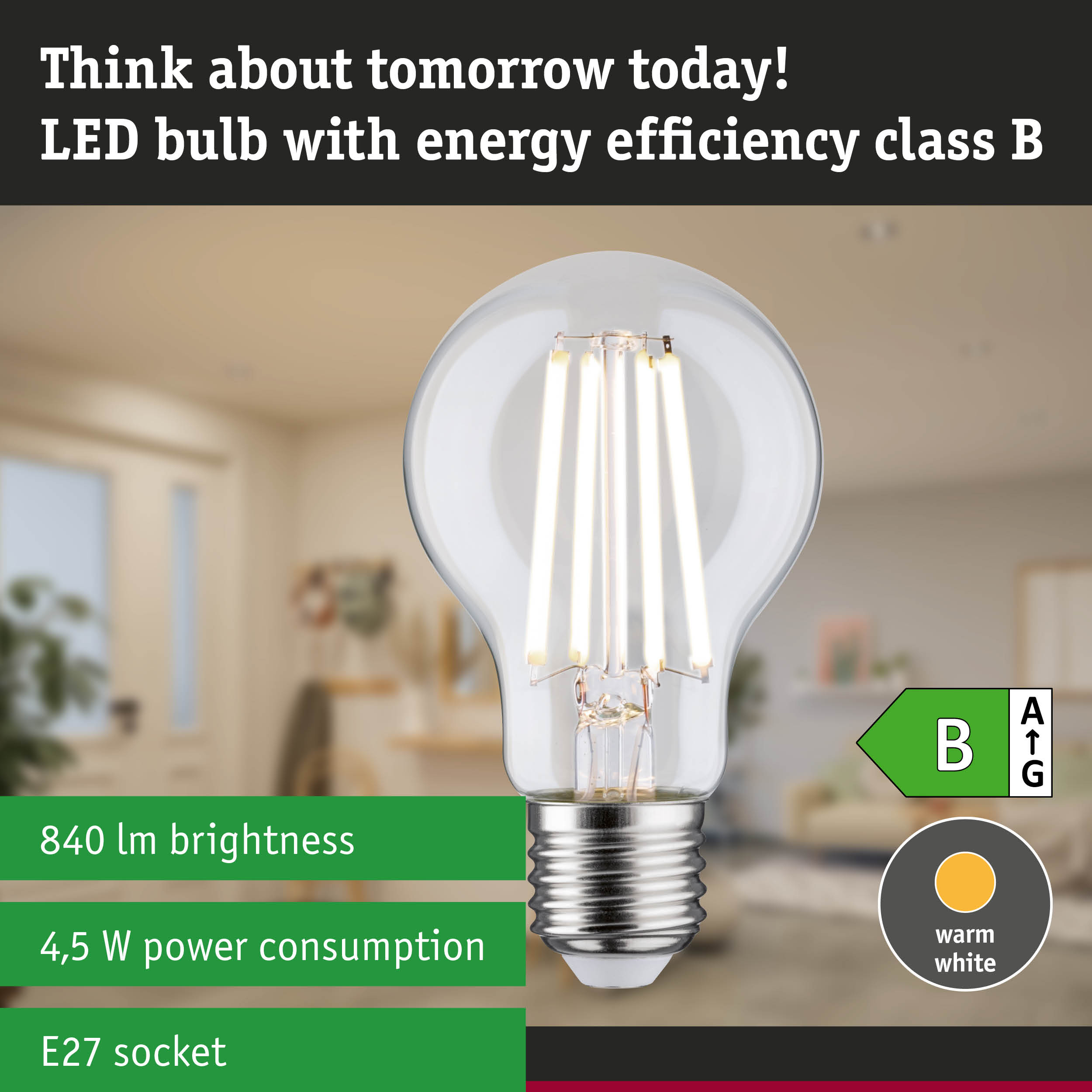 Clear LED light bulb with neutral white light and ultra-efficient energy technology against green forest background
