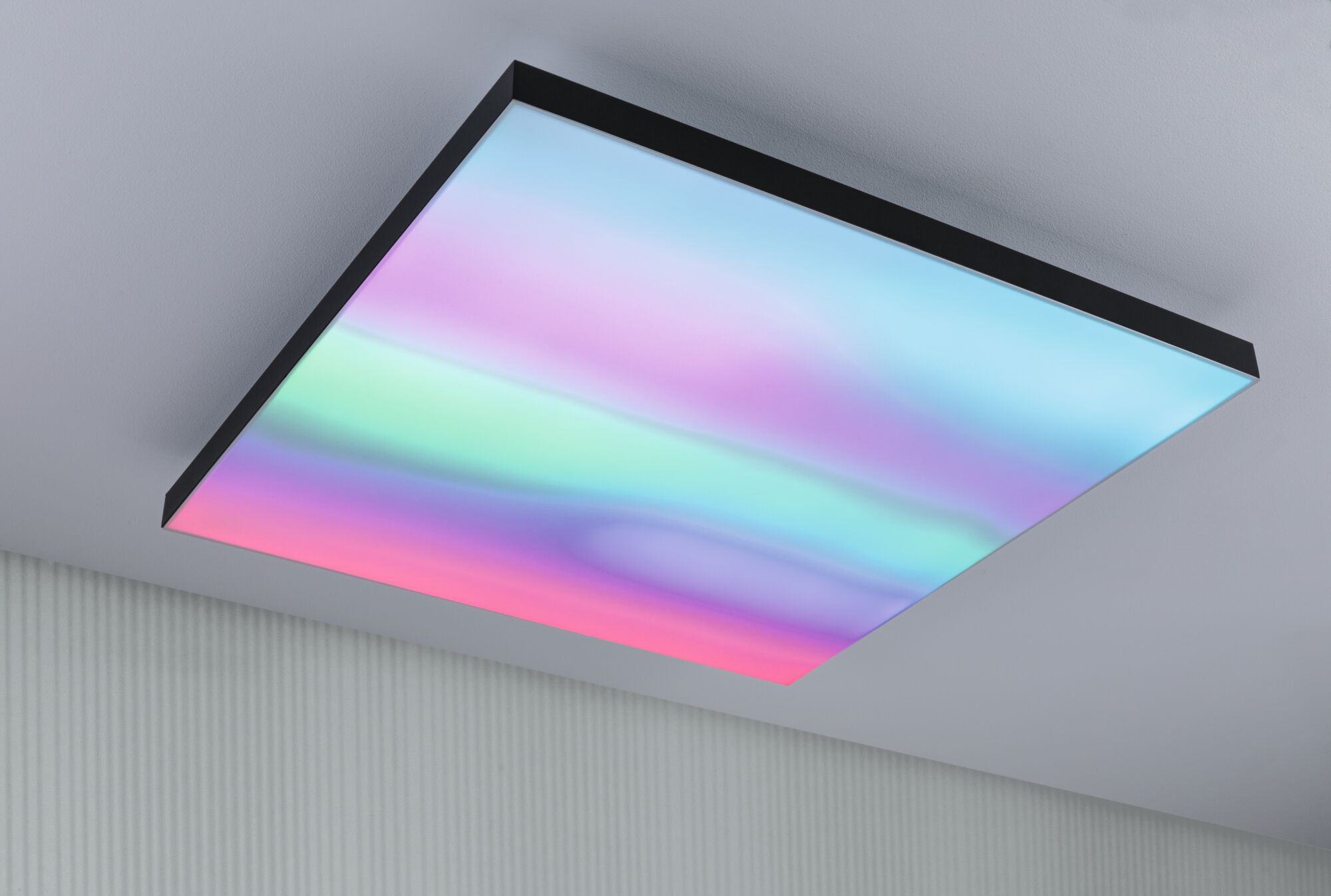 Square LED ceiling light with black frame and multicolour illumination for modern room lighting