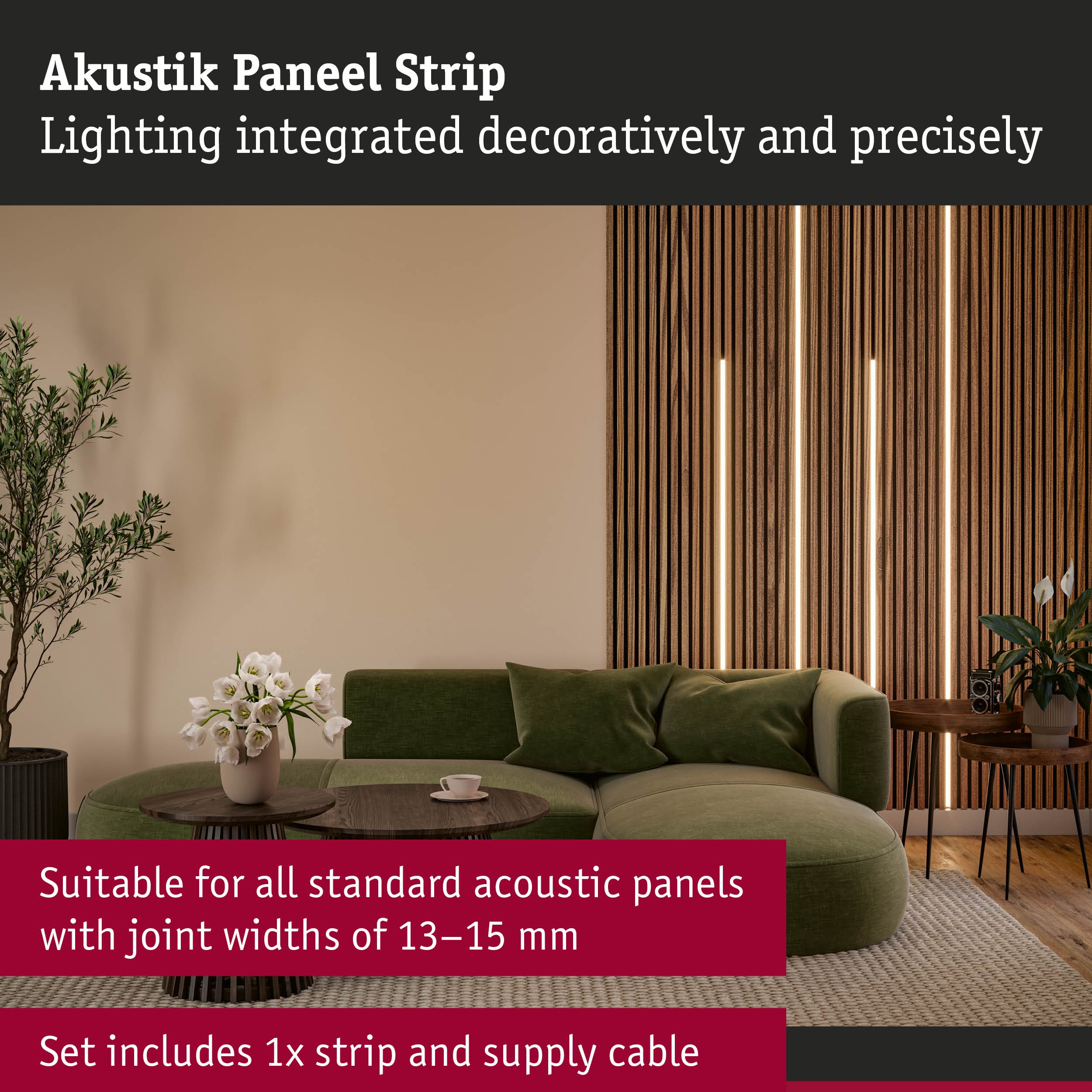Wood acoustic panel strip with integrated LED lighting in stylish modern living room