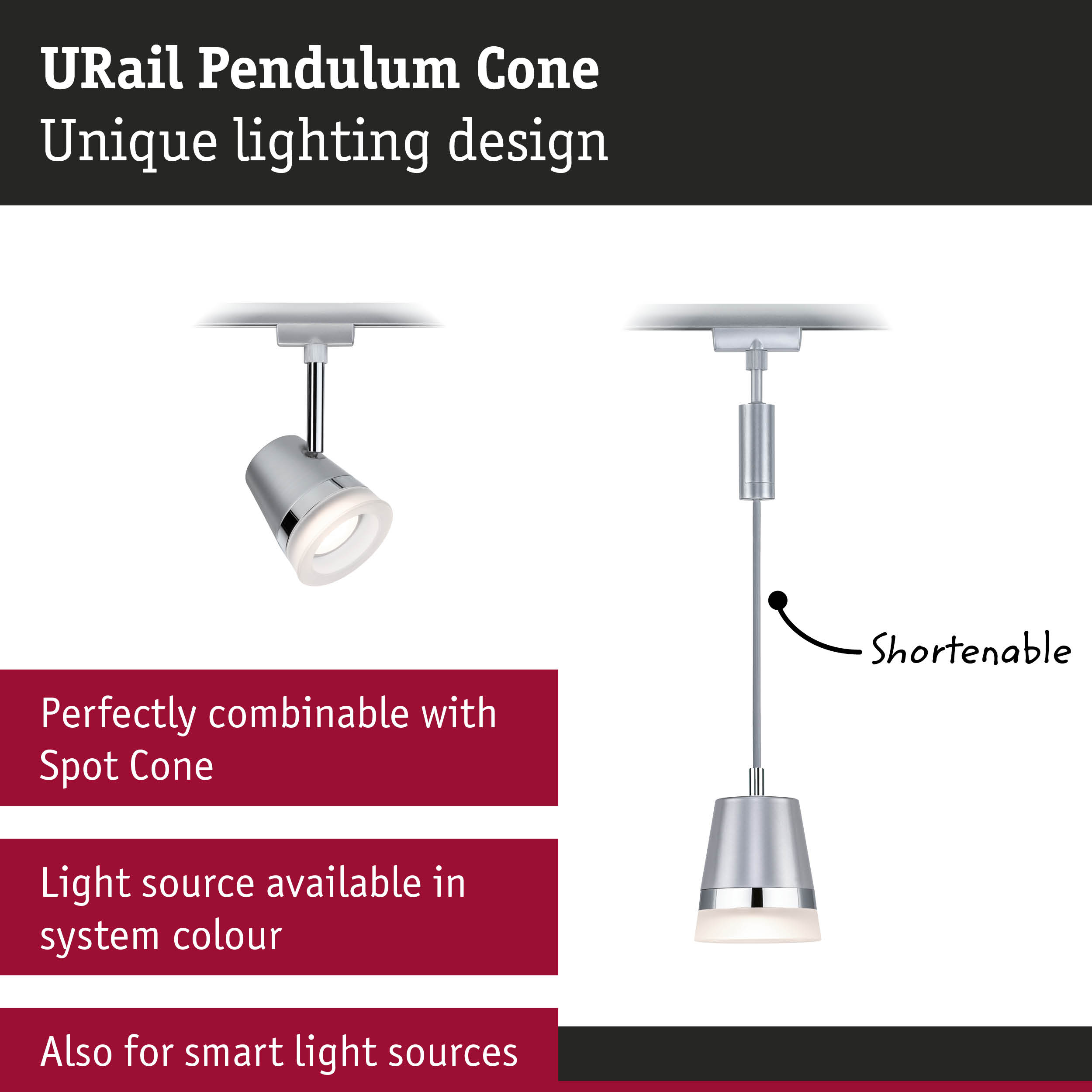 URail Pendulum Cone silver pendant light with shortenable cable and modern interior lighting design
