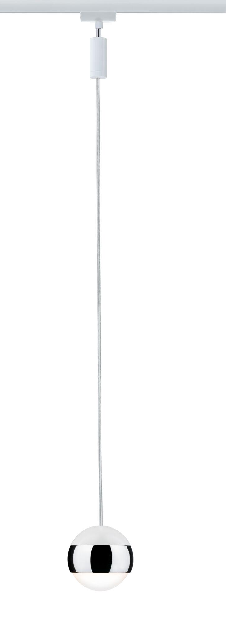 Modern pendant light globe in white glass with chrome metal ring and clear cable for interior lighting