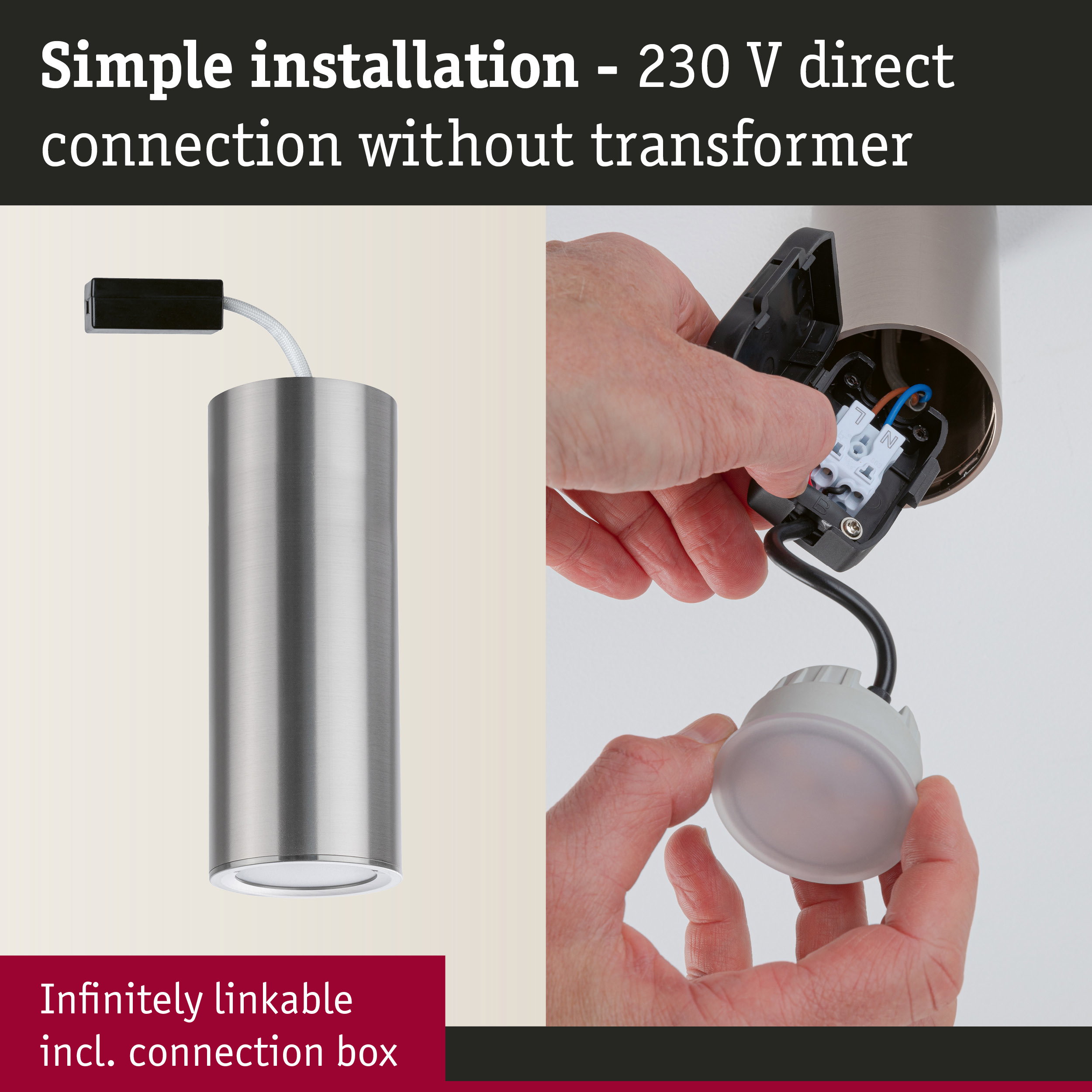 Stainless steel ceiling light with direct 230 V connection without transformer and connection box