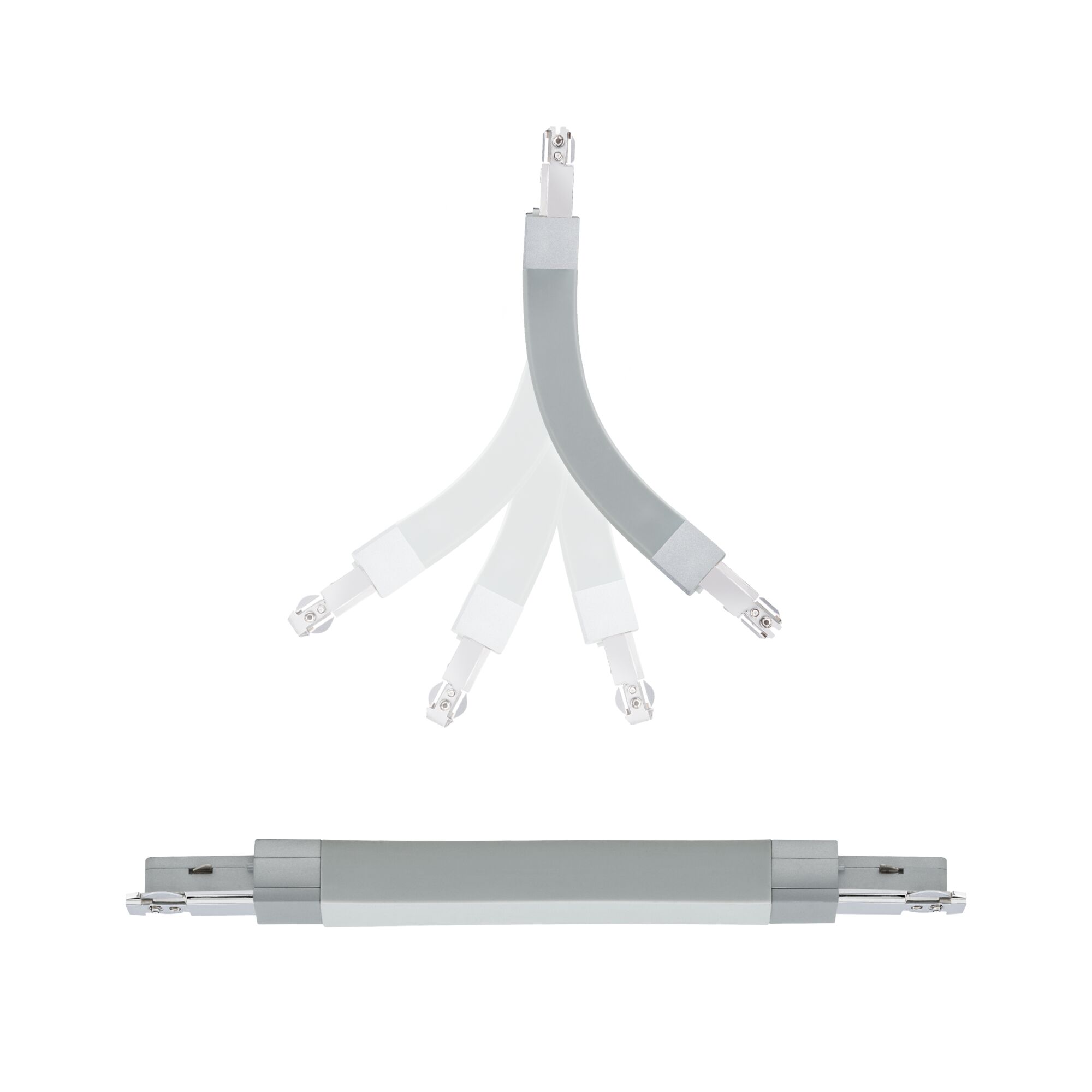 Grey flexible LED track connector for modular lighting systems with metal connectors