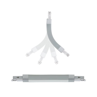 Grey flexible LED track connector and straight track section for modern rail lighting systems