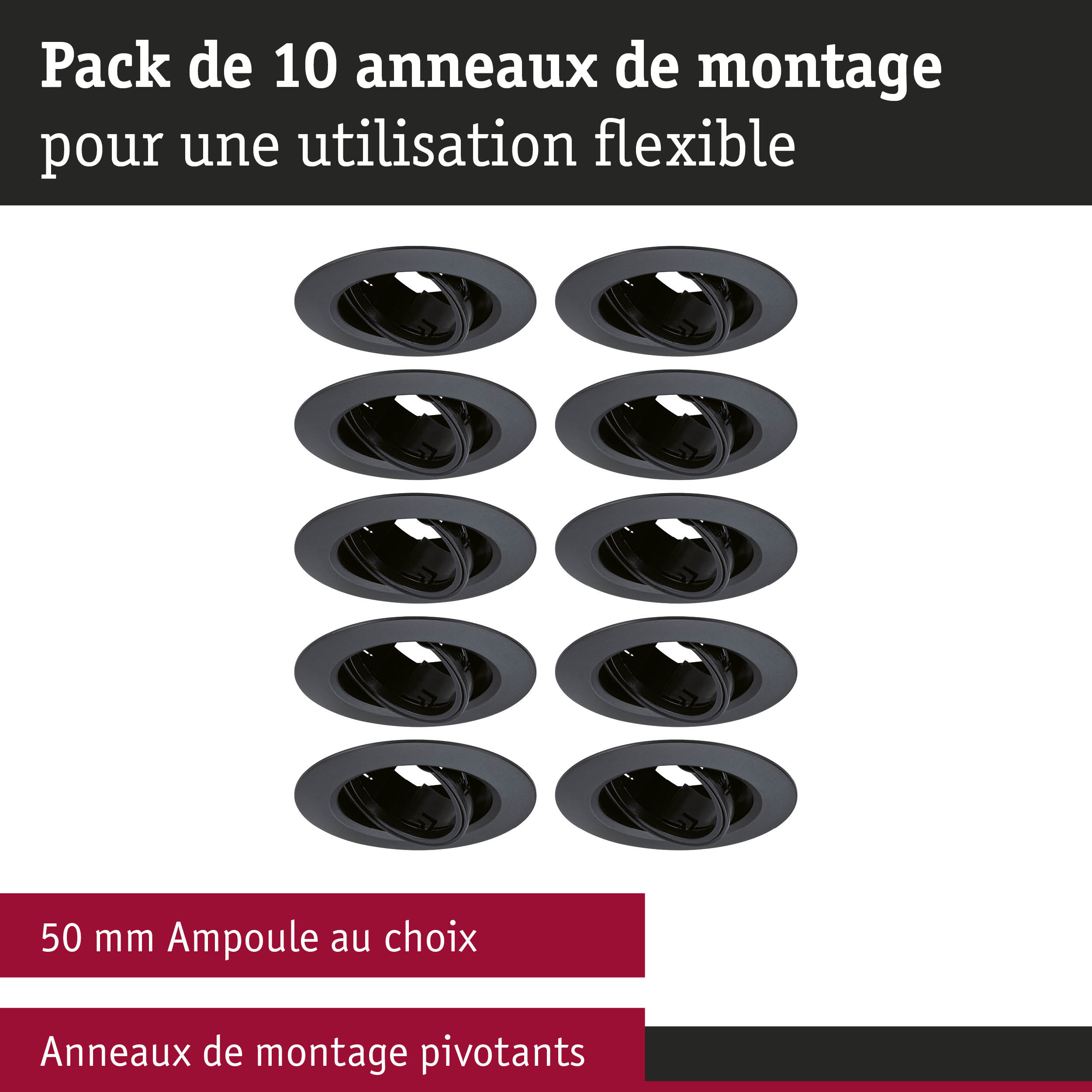 Pack de 10 anneaux de montage noirs en plastique pour une utilisation flexible avec ampoules 50 mm.