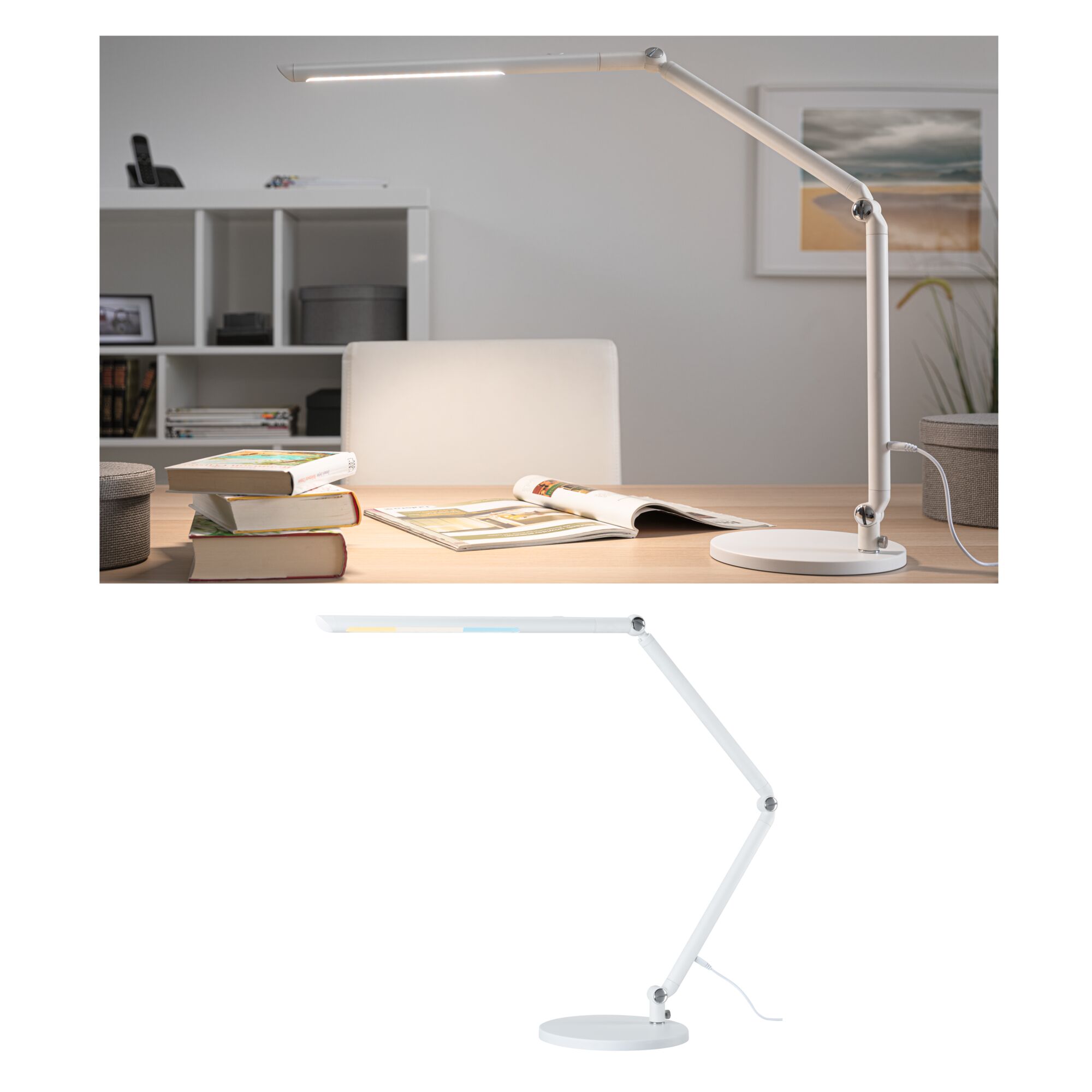 Witte metalen LED-bureaulamp met verstelbare arm voor kantoor- en leesverlichting