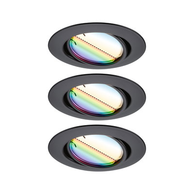 Drei schwarze Einbaustrahler mit irisierendem Glas für moderne LED-Deckenbeleuchtung
