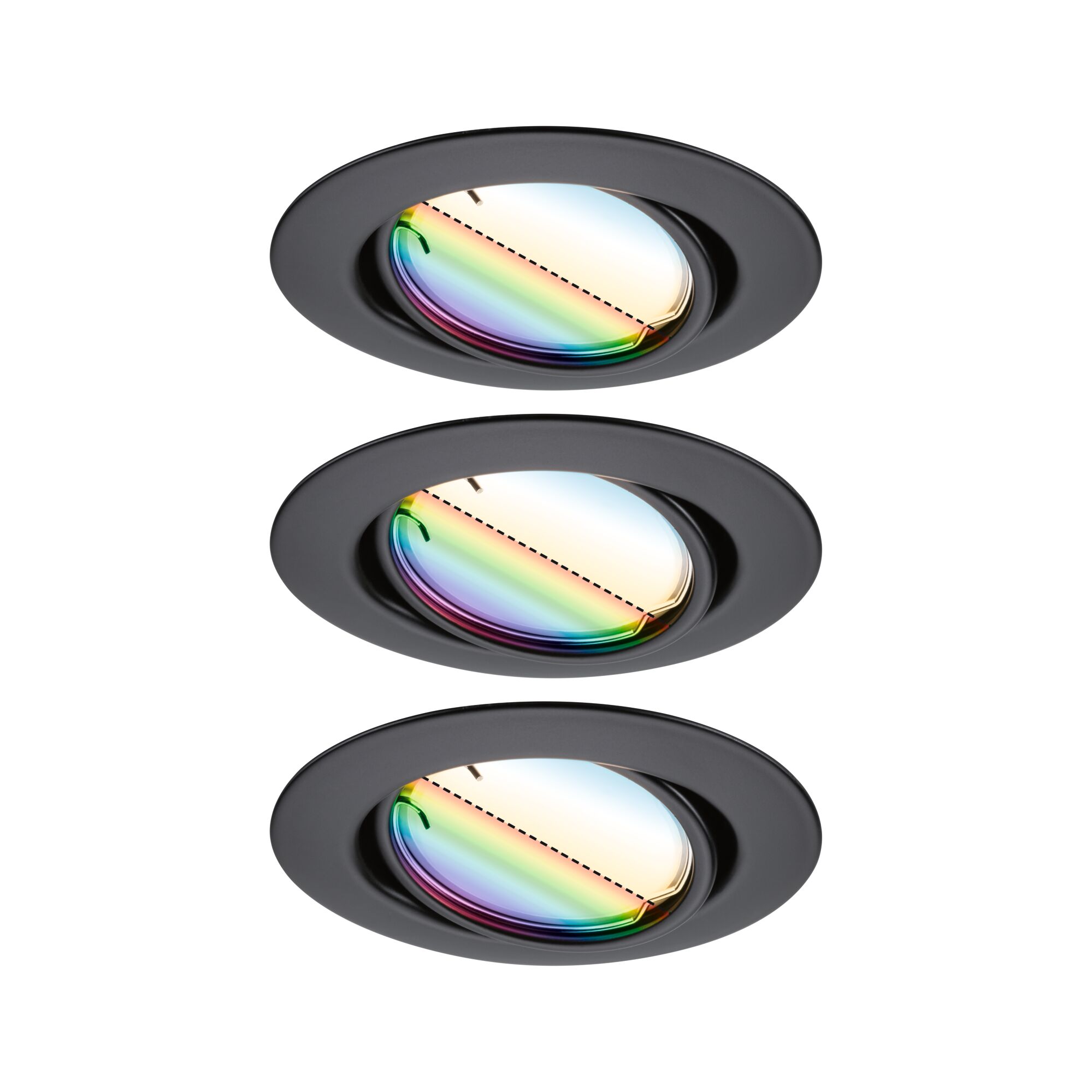 Drei schwarze Einbaustrahler mit irisierendem Glas für moderne LED-Deckenbeleuchtung