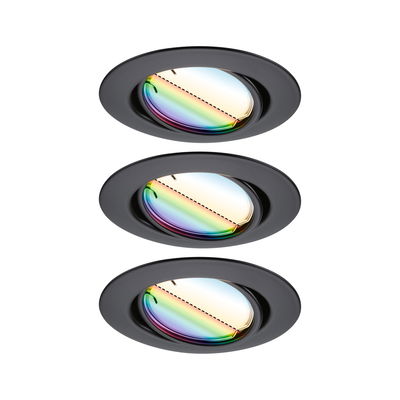Drei schwarze Einbaustrahler mit irisierendem Glas für moderne LED-Deckenbeleuchtung