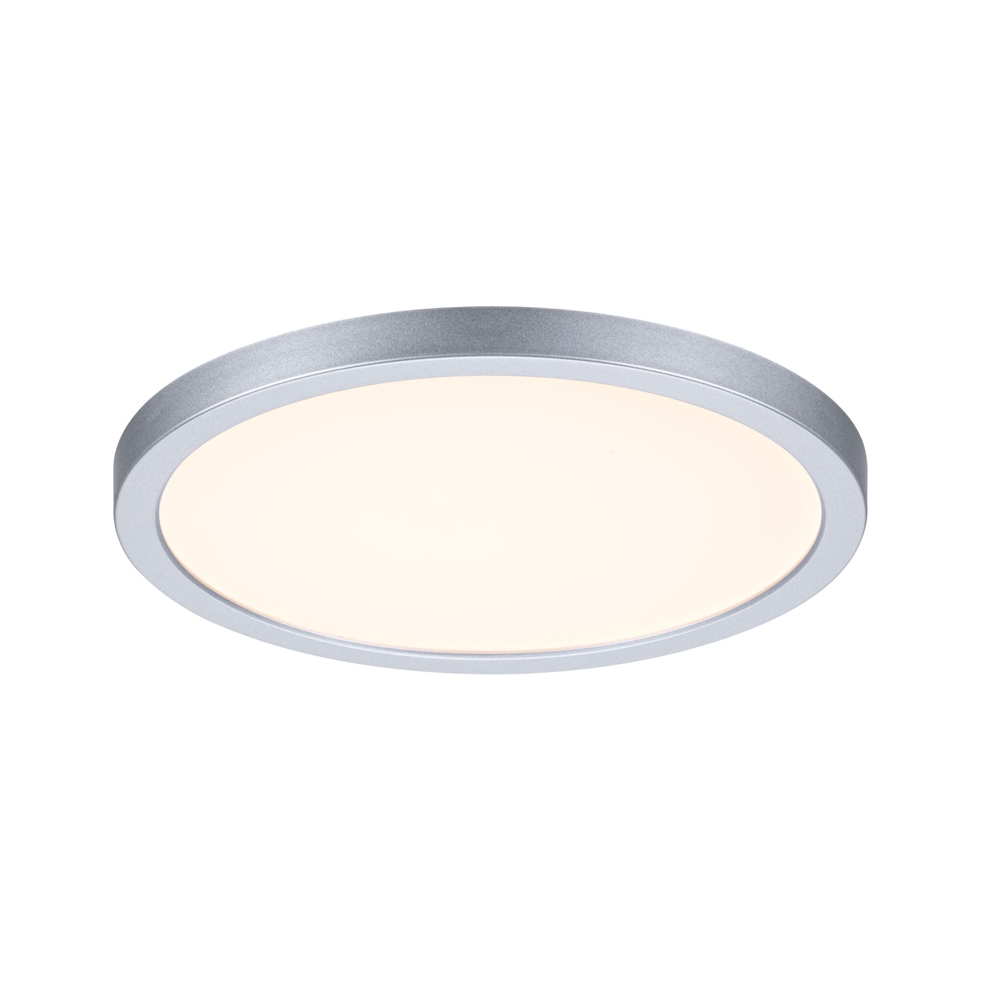 Round LED ceiling light with silver aluminum frame and warm white light for living spaces