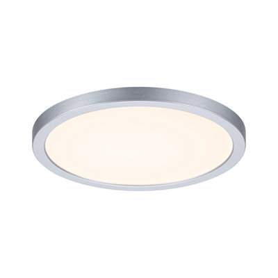 Round LED ceiling light with silver aluminum frame and warm white light for living spaces
