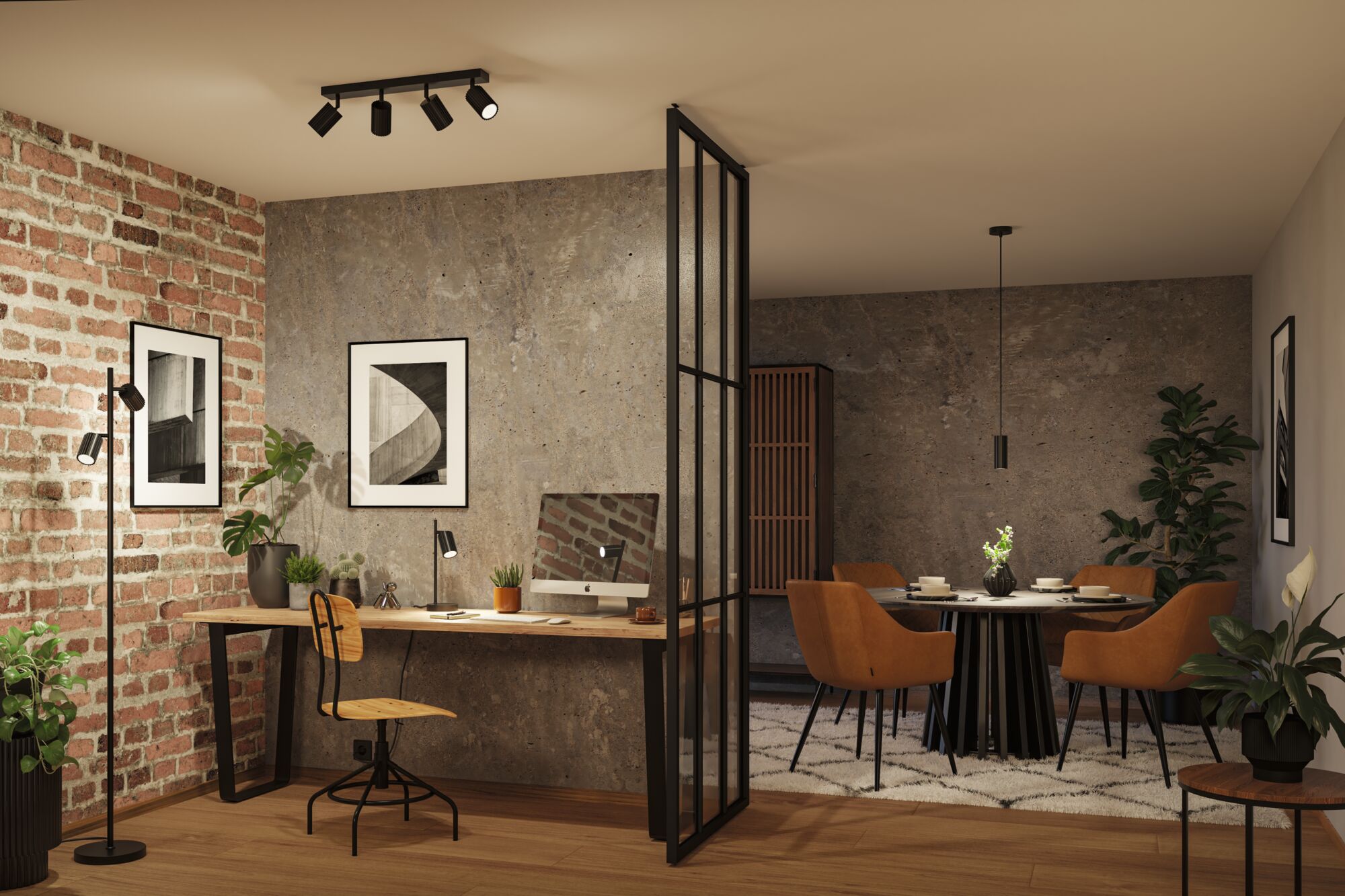 Salon moderne avec spots au plafond en métal noir, lampadaire, chaises marron et bureau en bois