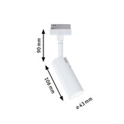 Weißer LED-Strahler aus Metall mit Maßen 90x106 mm und 43 mm Durchmesser für Schienensysteme