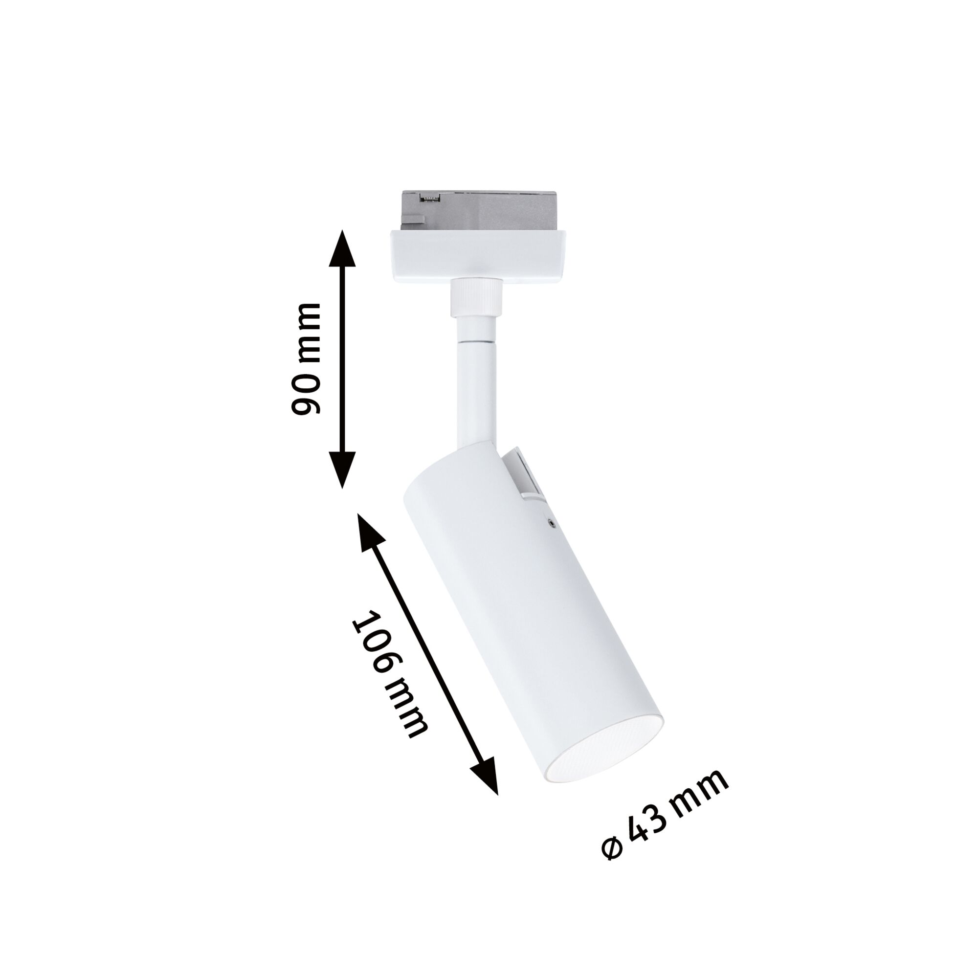 Weißer LED-Strahler aus Metall mit Maßen 90x106 mm und 43 mm Durchmesser für Schienensysteme