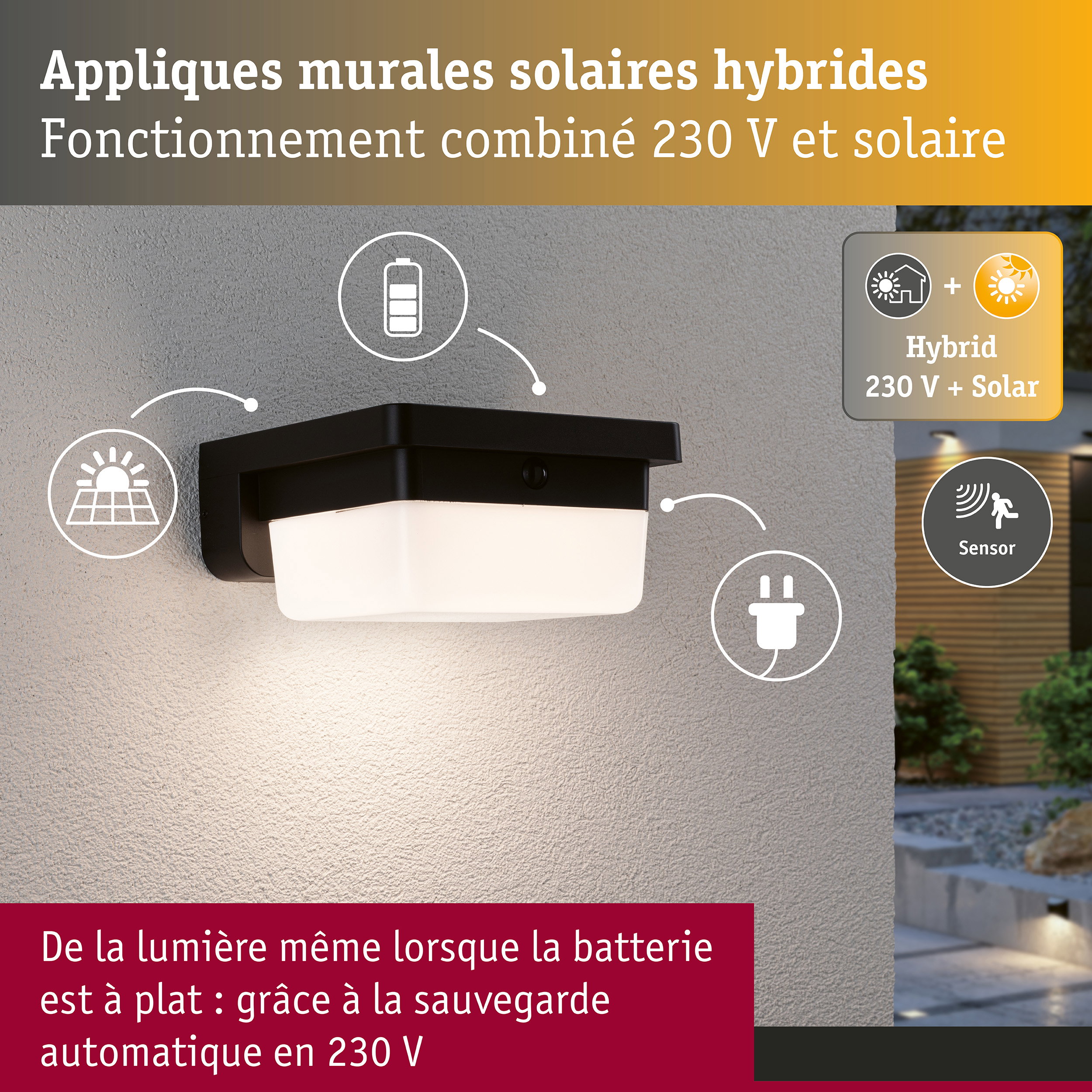 Hybrid Applique d'extérieur LED Isleen House 230V + Solaire IP44 carré 163x163mm 3000K 2,3W 230lm 230V Noir