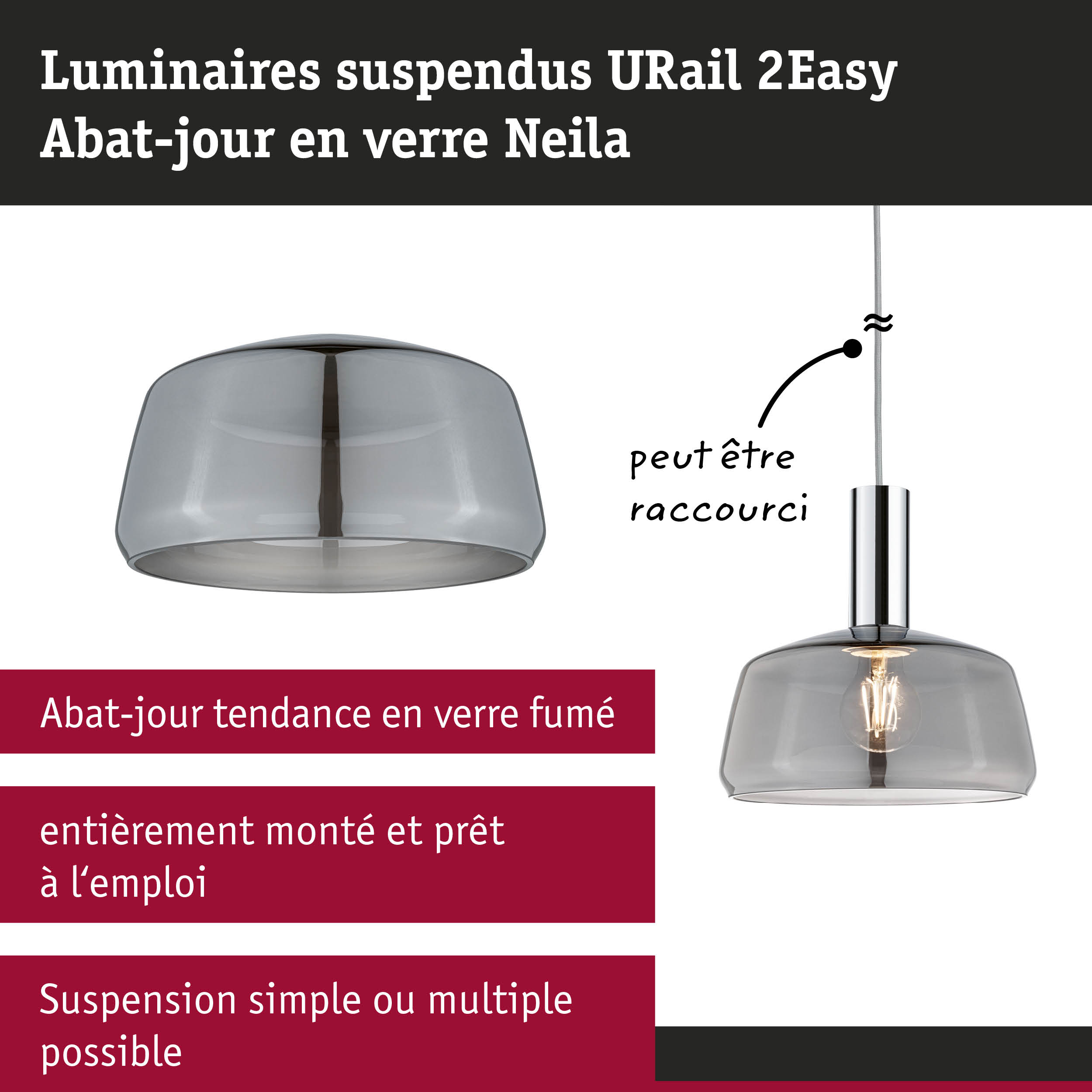 Luminaire suspendu URail 2Easy en verre fumé et métal chromé pour éclairage intérieur moderne