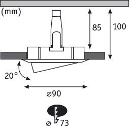 Dessin technique d’un support de spot encastré de 90 mm de diamètre avec inclinaison de 20 degrés
