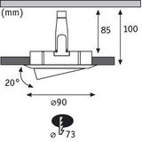 Technische Zeichnung eines Einbaustrahler-Halters mit 90 mm Durchmesser und 20 Grad Neigung