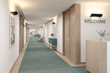 Modern hallway with green carpet runner, wood paneling and black wall lights for hotel lighting design