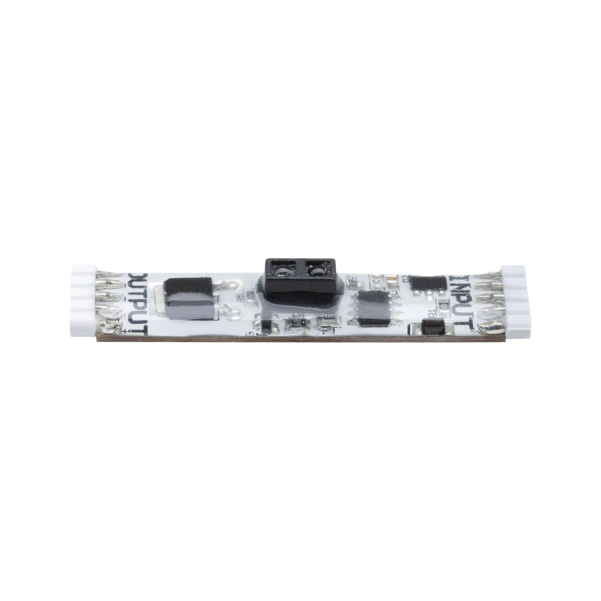 Electronic circuit board with white connectors and black components for LED lighting systems