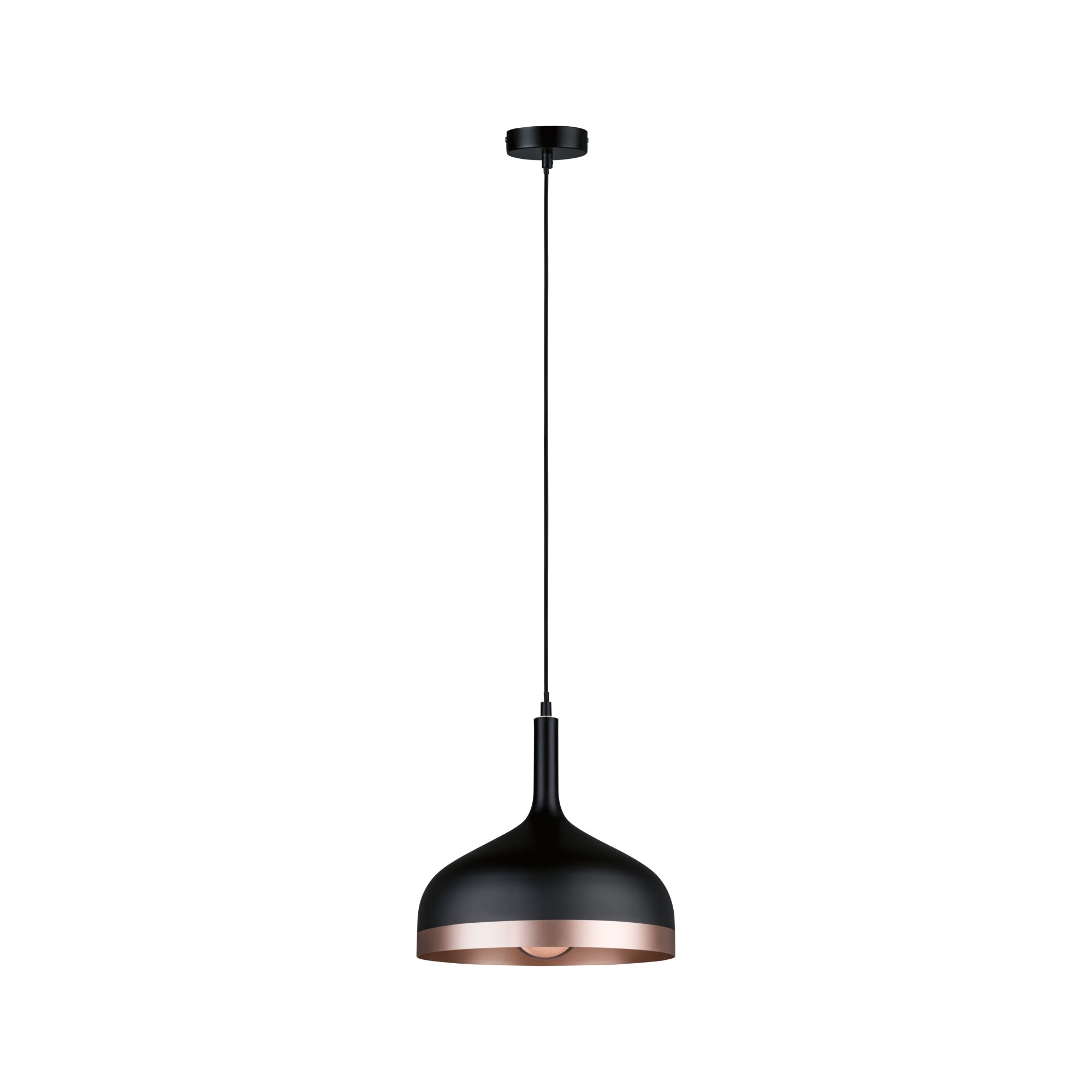 Zwarte metalen hanglamp met koperen rand voor moderne sfeerverlichting in huis