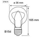 Technische Zeichnung einer B15d Glühbirne mit 36 mm Durchmesser und 165 mm Länge, 2700 K Lichtfarbe