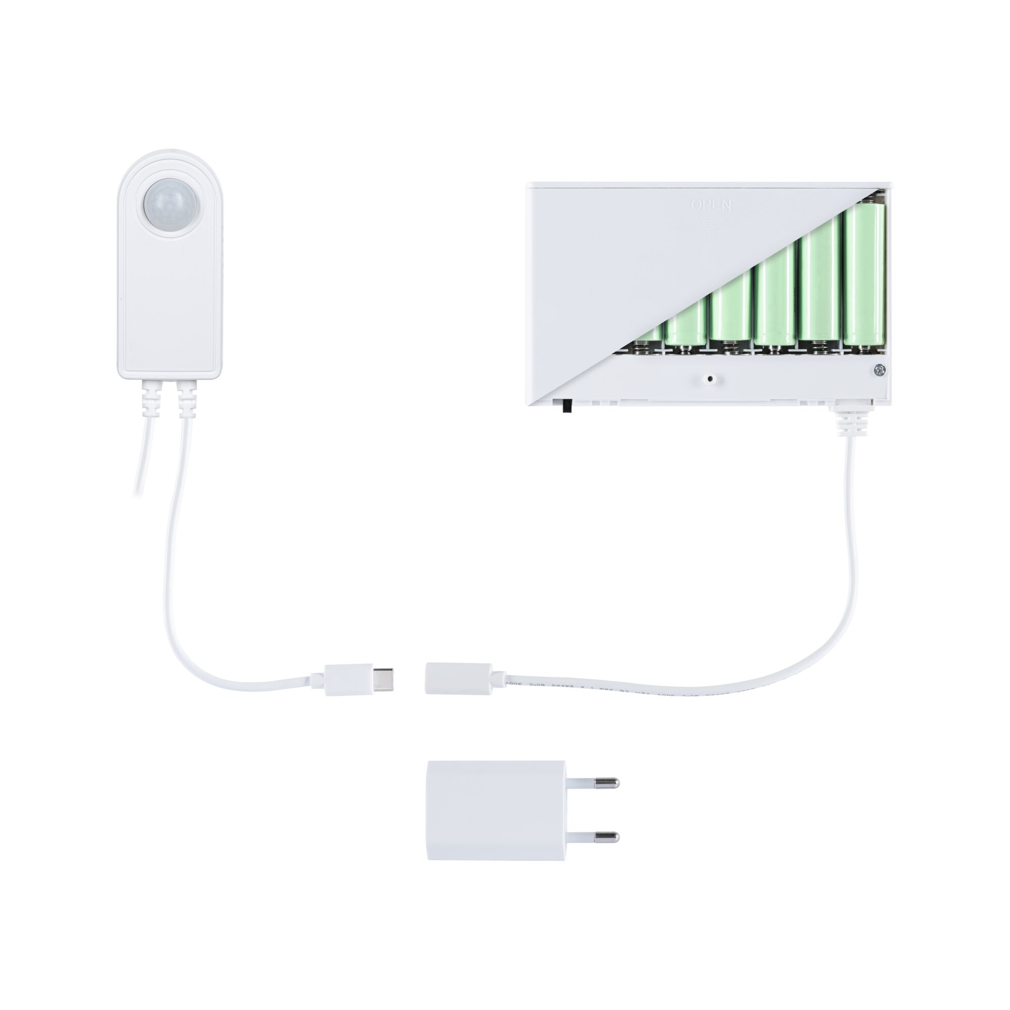 Appareil électronique blanc avec capteur, compartiment à piles et câble USB-C pour contrôle d'éclairage